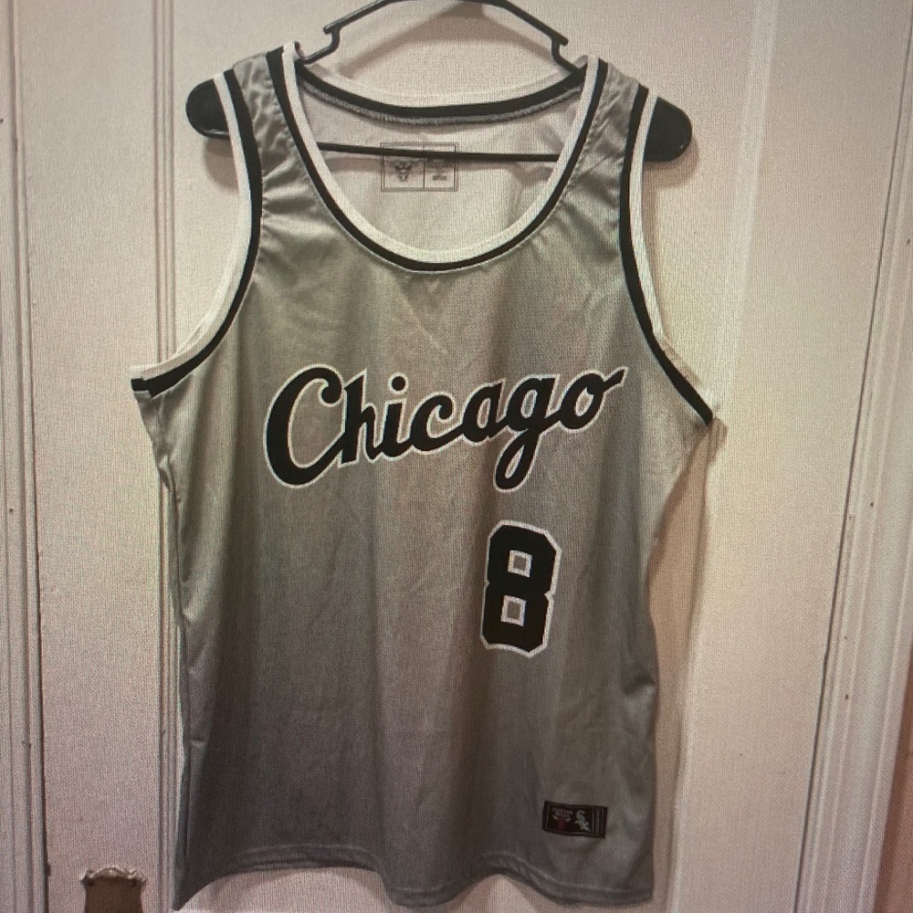 Men's Sleeveless Basketball Jersey in Gray and Black - Chicago Script, Number 8